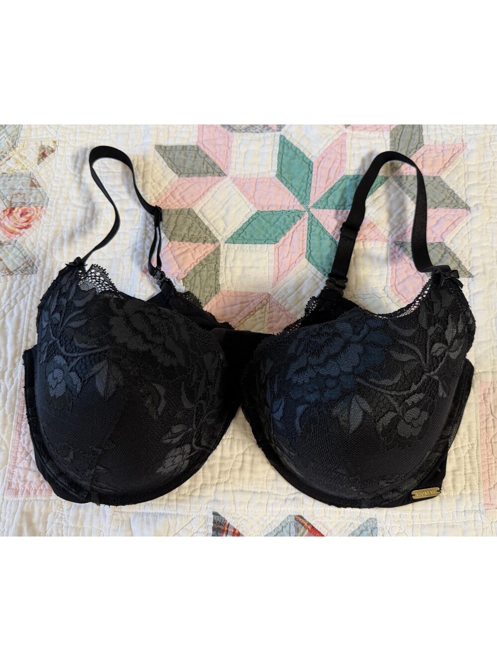 Adore Me Black Lace Push Up Plunge Bra  Bow Details 38DD GUC
